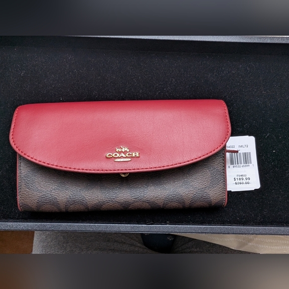 Coach Handbags - Coach Red Leather Flap Wallet with Brown Signature Canvas